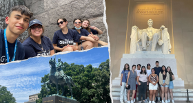 Top left: group taking a selfie; Bottom left: statue of Simon Bolivar; Right: Group photo in front of Lincoln Memorial