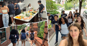 Top, left: students cooking; bottom, left: students walking; right: selfie of students walking
