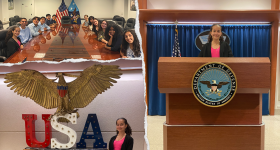 Top, left: students sitting down on a conference table; bottom, left: student standing next to eagle with USA sign; right: student behind a podium