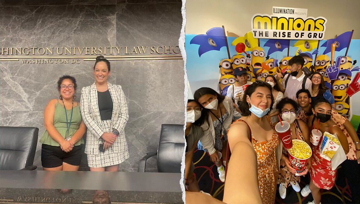 Aisha with Paulina Vera to the left and a group photo in front a Minions movie poster to the right