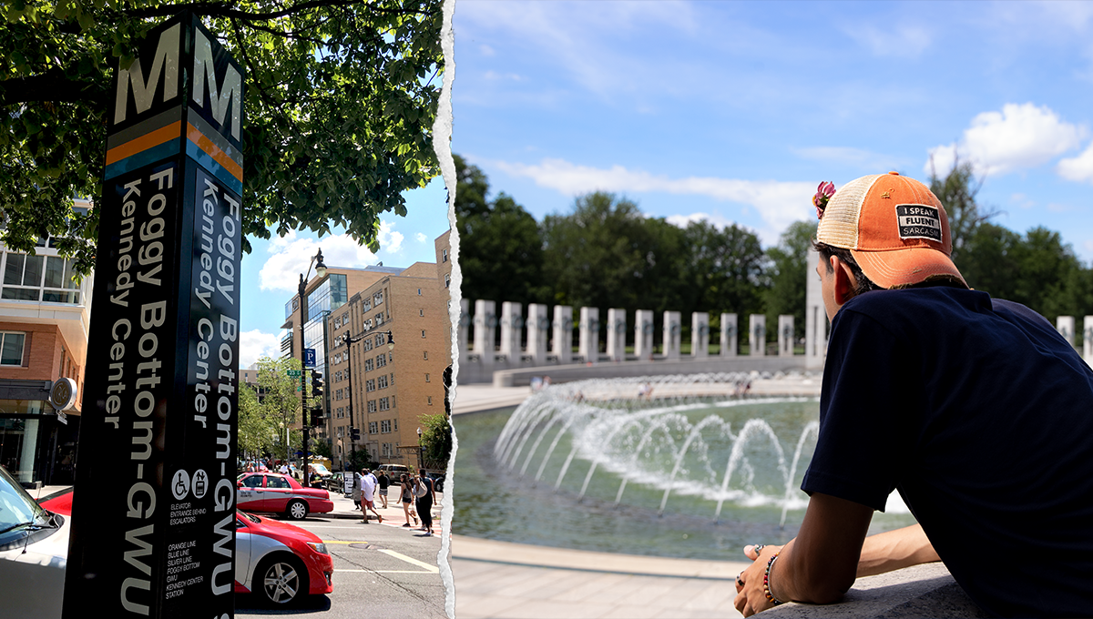 Collage: Foggy Bottom Metro sign; person looking over fountain