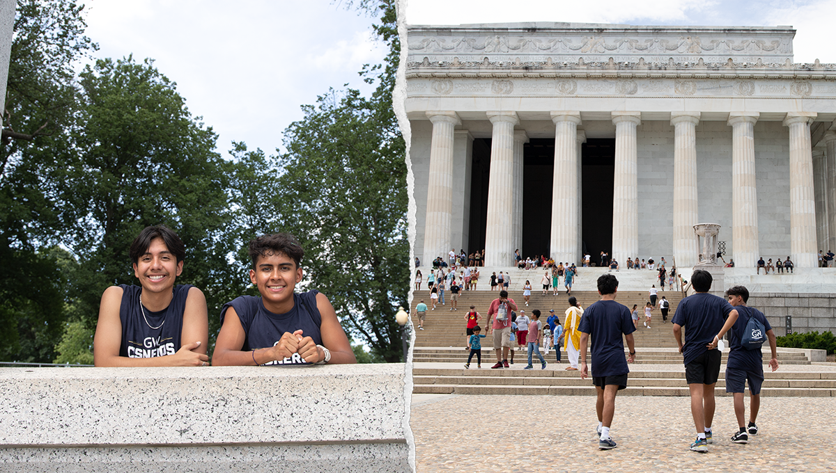 Left: Athor and Emilio posing for photo; Right: Group walking up steps of Lincoln Memorial