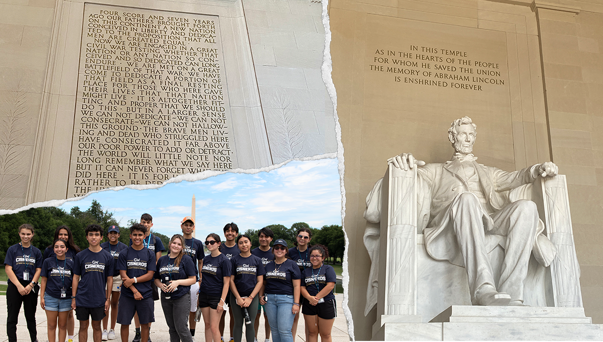 Two images of the Lincoln Memorial, one image a group in front of the Washington Monument