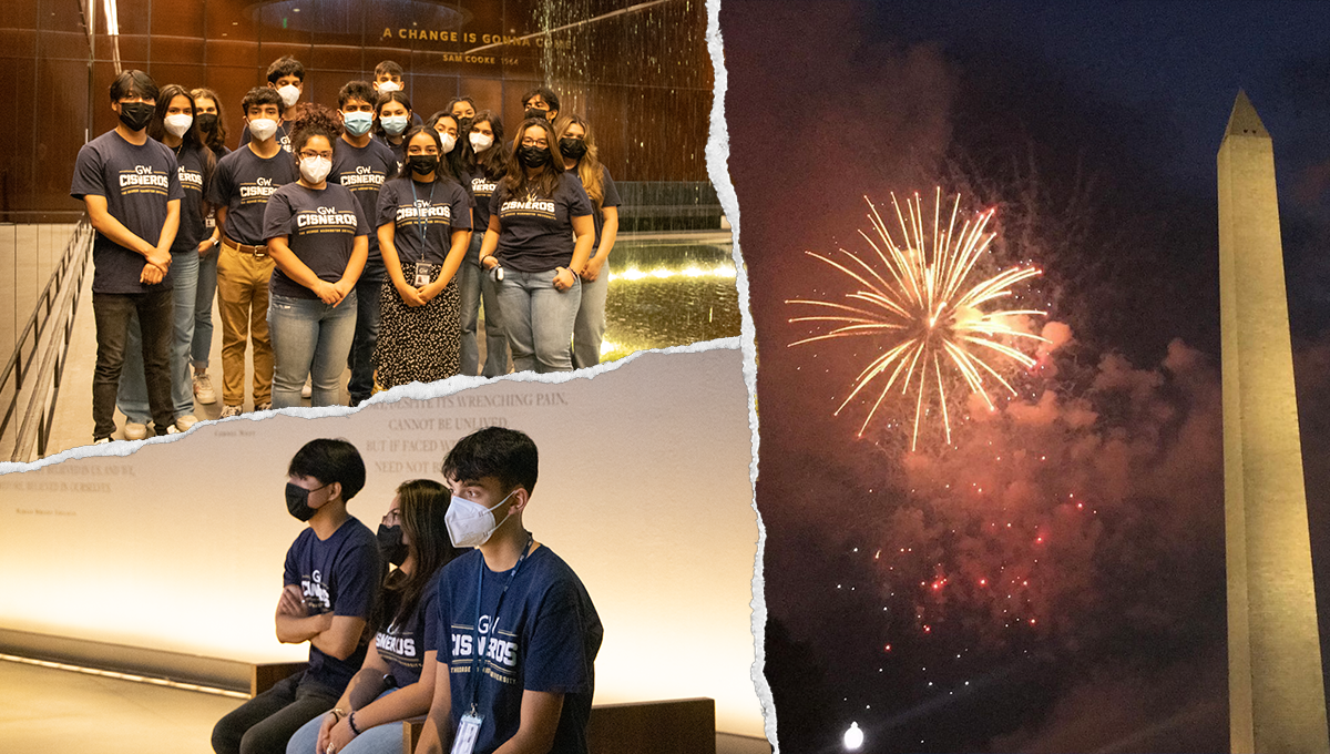 Top left: group photo; Bottom left: Three students looking at screen; Right: fireworks and the Washington Memorial
