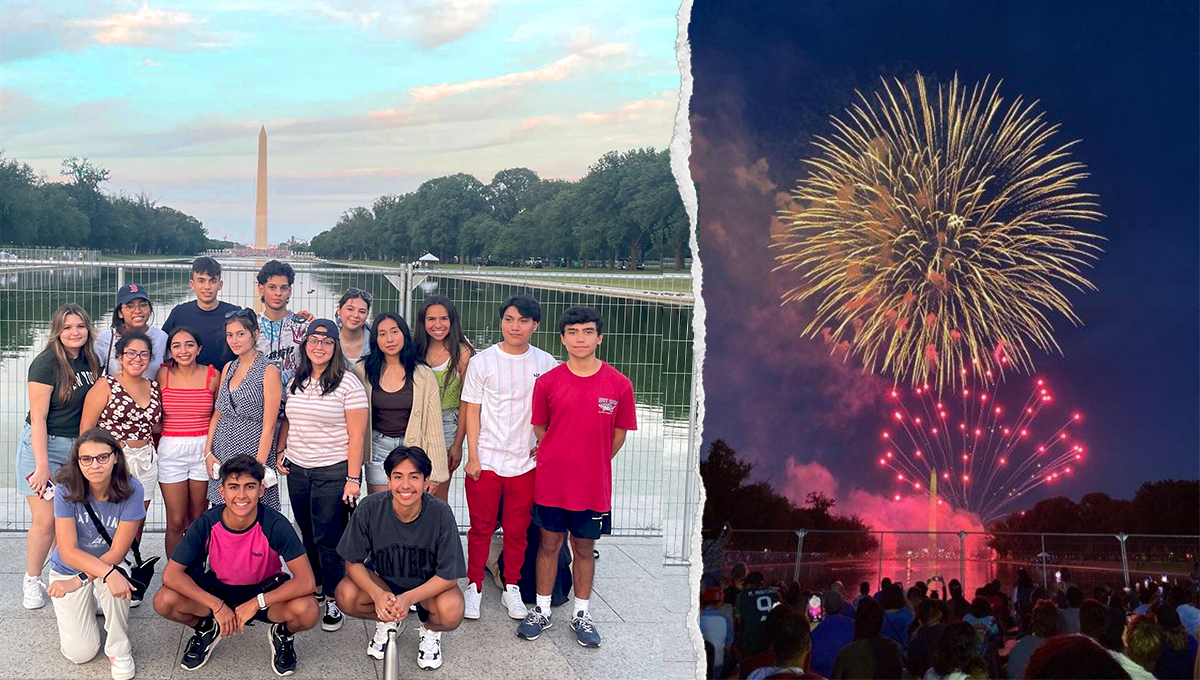 Caminos scholars in front of Lincoln Memorial and fireworks