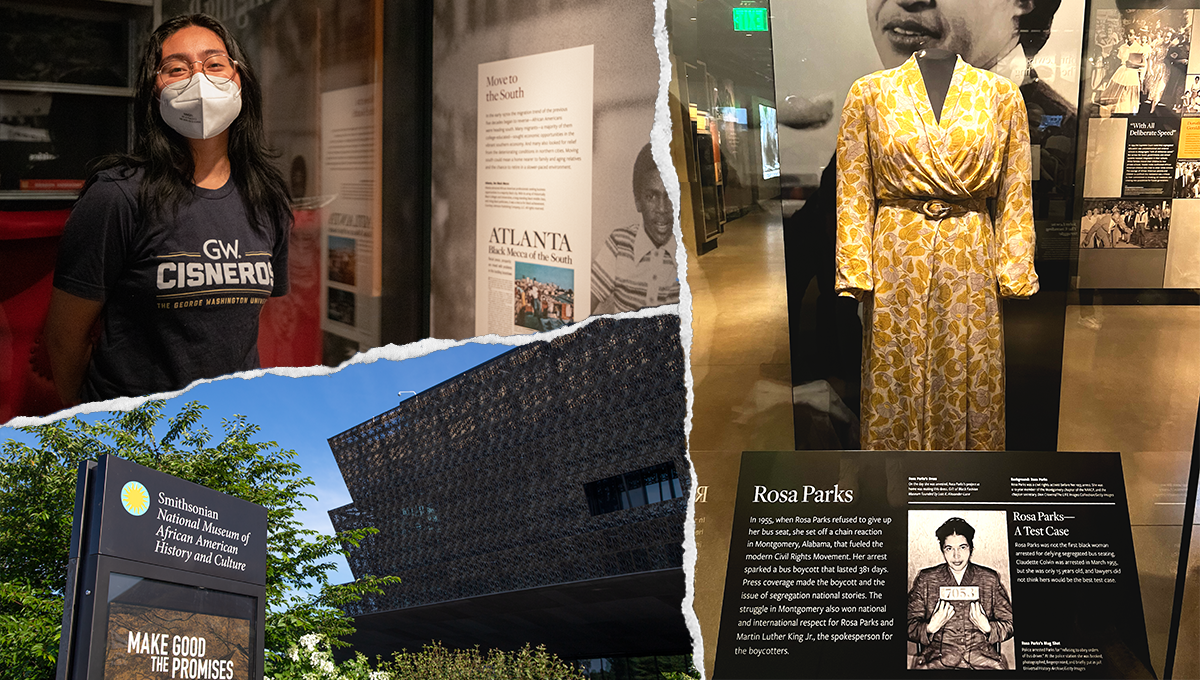 Top left: Michelle in front of a exhibit; Bottom left: Outside of museum; Right: dress made by Rosa Parks