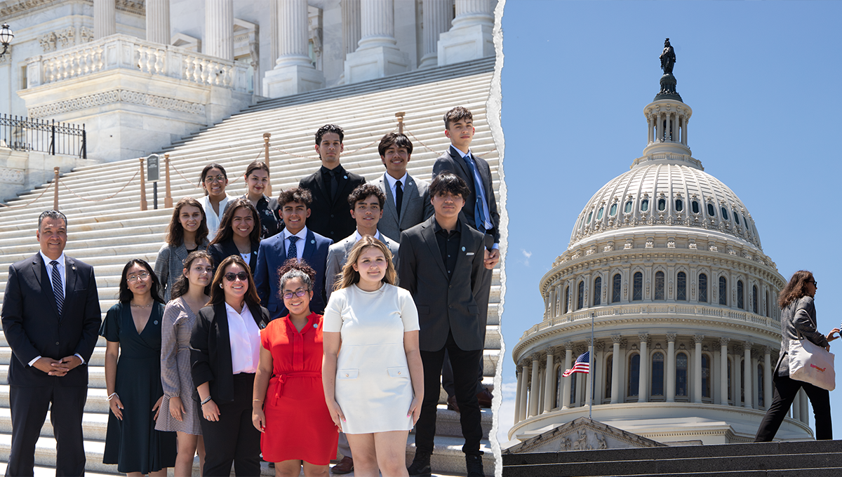 Left: group of students; Right: U.S. Capitol building