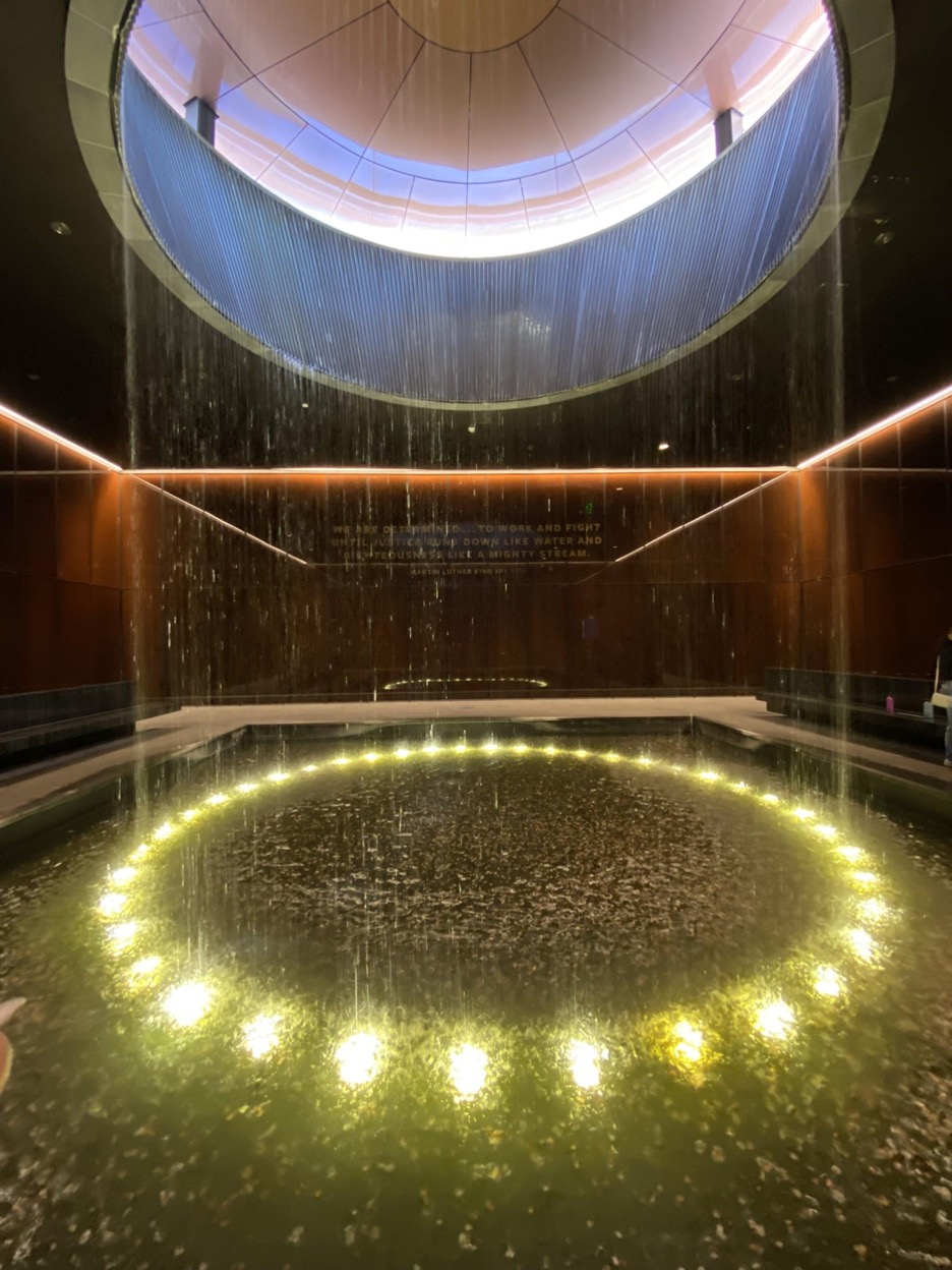 Water falling from ceiling at a museum