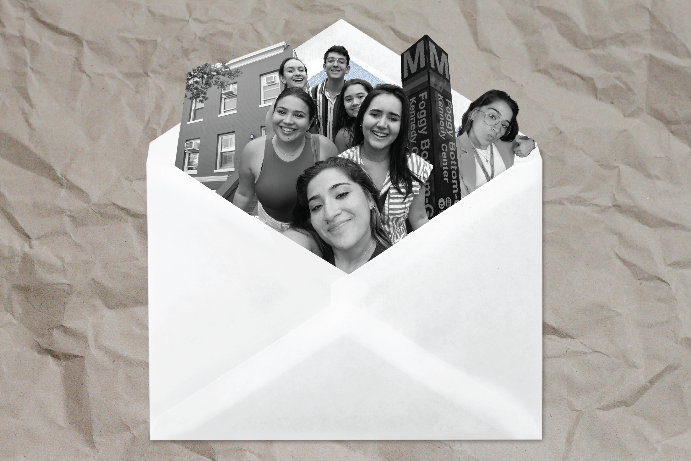Envelope with students and buildings coming out