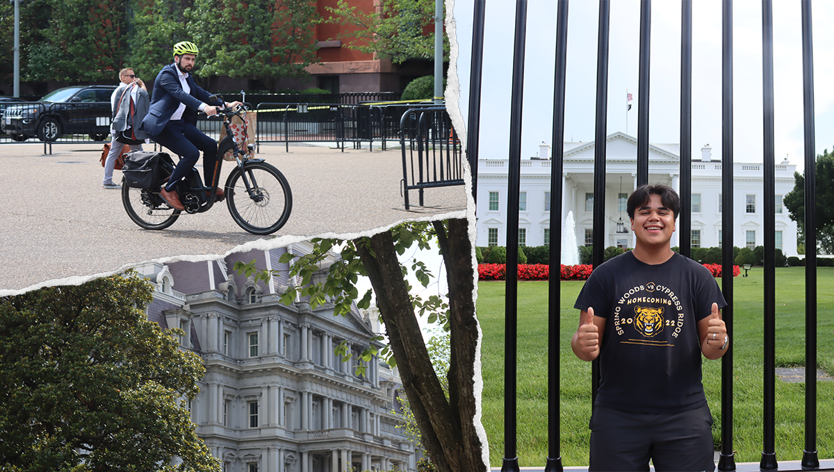 Left, upper: man on a bike; left, down: building; right: student in front of White House