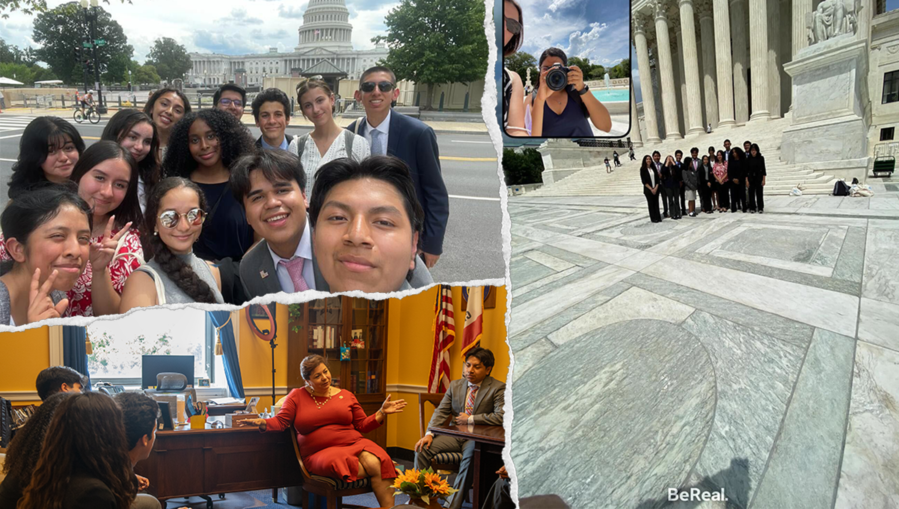 Top, left: group of students taking selfie; bottom, left: Congresswoman Linda Sanchez speaking with students; right: students in front of the Supreme Court