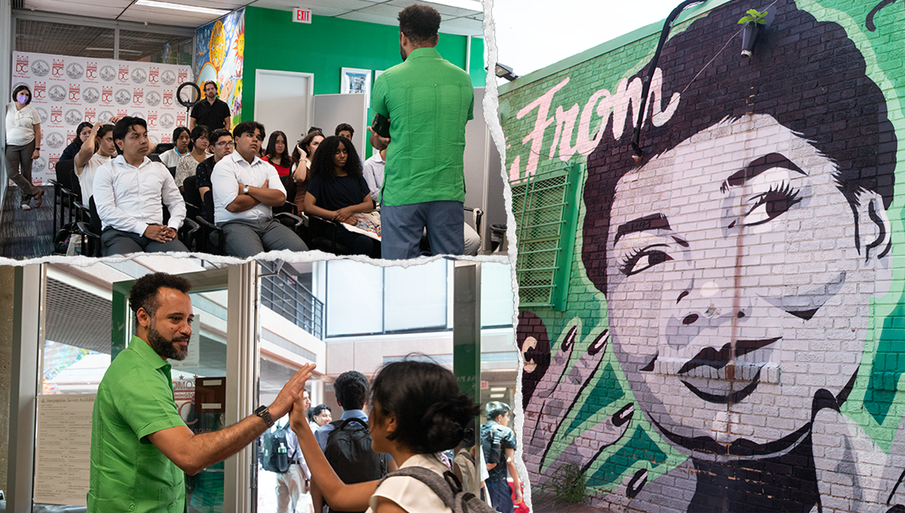 Top, left: group of students; bottom, left: man giving high five to student; right: mural of a woman