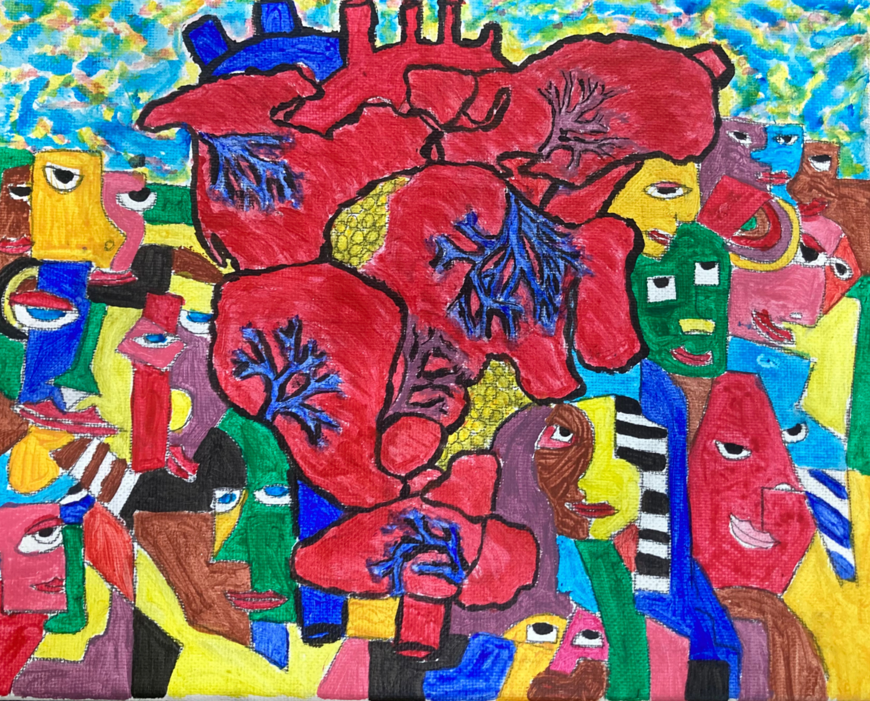 Red and Blue Colorful Painting of Heart-Shaped Pangea with Faces Surrounding Continent