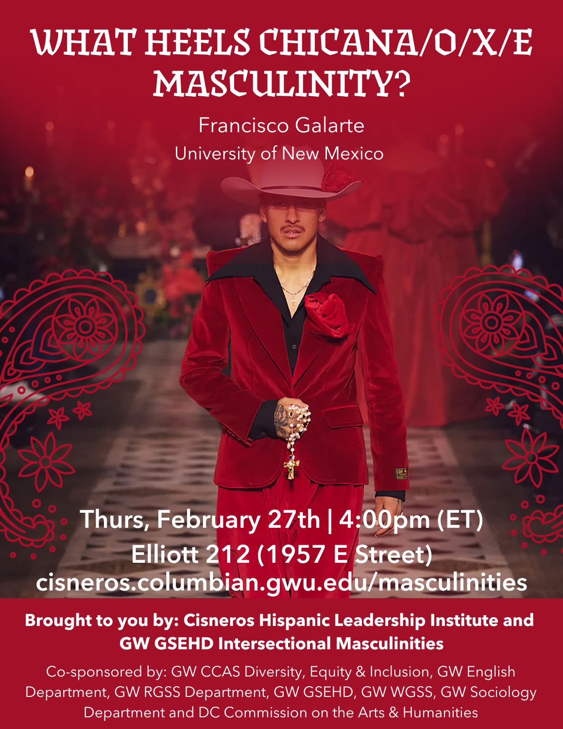 Flyer for event featuring runway model in red suit