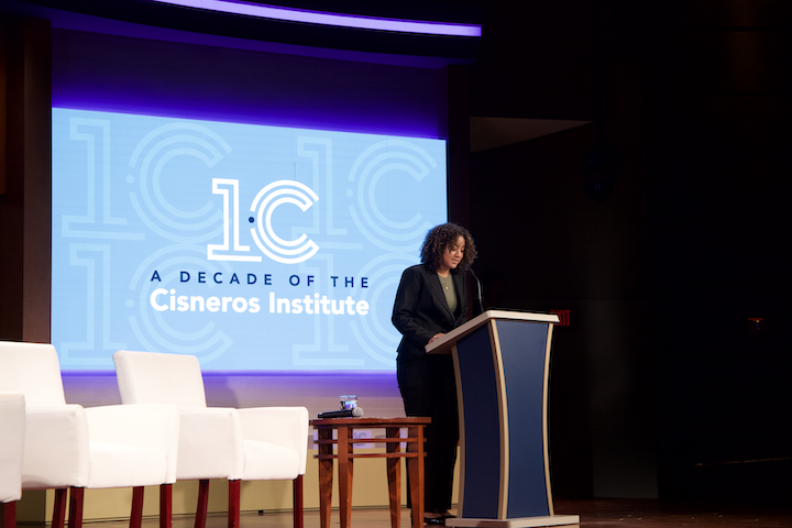 Cisneros Scholar Nikki Frias speaks from JMA stage