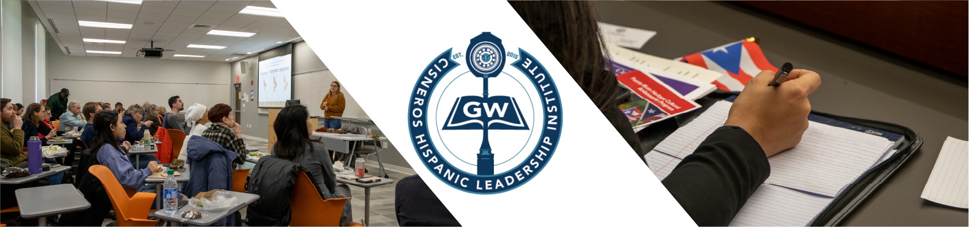 Cisneros Hispanic Leadership Institute seal surround by image of two women looking toward each other