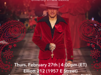 Flyer for event featuring runway model in red suit