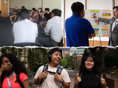 Top, left: students seating in a circle; top, right: student pointing to poster; bottom: three students walking and laughing