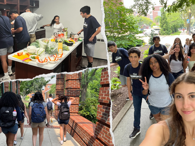 Top, left: students cooking; bottom, left: students walking; right: selfie of students walking