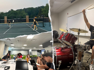 Top, left: students playing tennis; bottom, left: students at the library; right: student playing the drums