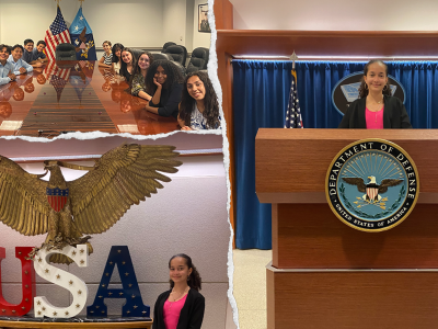 Top, left: students sitting down on a conference table; bottom, left: student standing next to eagle with USA sign; right: student behind a podium