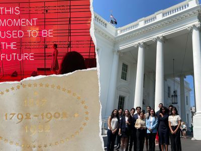 Top, left: Sign that reads "This moment used to be the future"; bottom, left: dates on the ground; right: students in from the White House