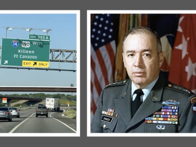 left: exit sign; center: headshot of General Richard Cisneros; right: zoom photos of panelists