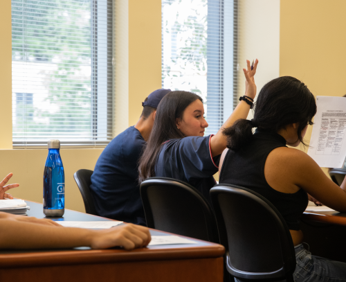 student raising their hand in classroom