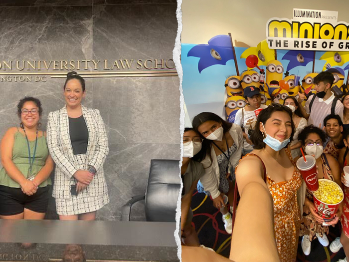 Aisha with Paulina Vera to the left and a group photo in front a Minions movie poster to the right