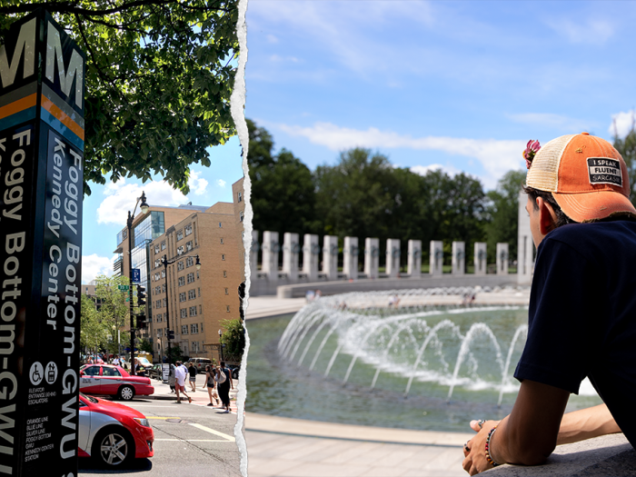 Collage: Foggy Bottom Metro sign; person looking over fountain