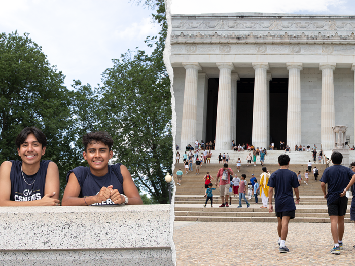 Left: Athor and Emilio posing for photo; Right: Group walking up steps of Lincoln Memorial