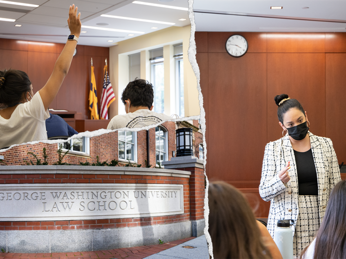 Three images of the GW Law School featuring professor speaking to students and a student raising their hand