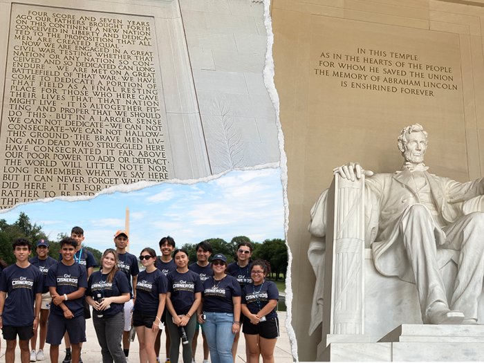 Two images of the Lincoln Memorial, one image a group in front of the Washington Monument
