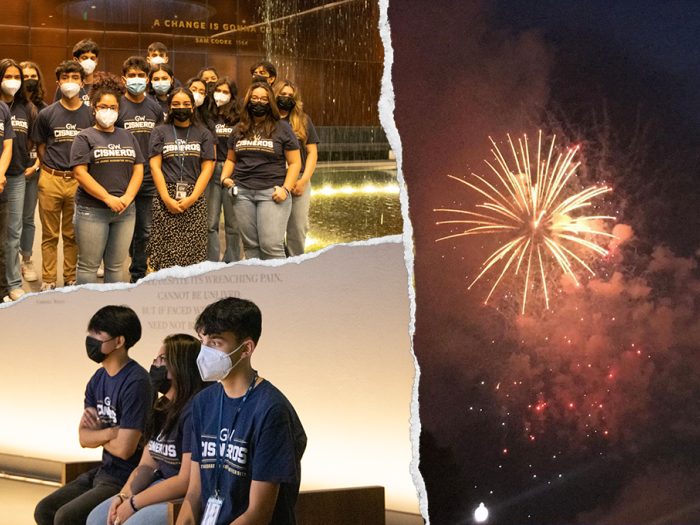 Top left: group photo; Bottom left: Three students looking at screen; Right: fireworks and the Washington Memorial