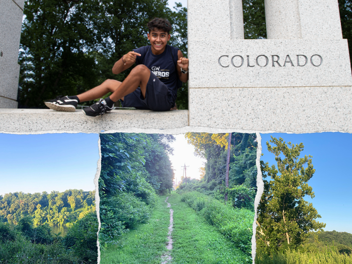 Collage of person in front of "Colorado" sign; and three images of trees and sky