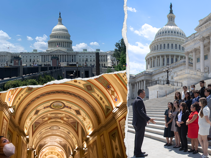 Top left: Capitol building; Bottom left: person looking at ceiling; Right: U.S. Senator Alex Padilla speaking with students