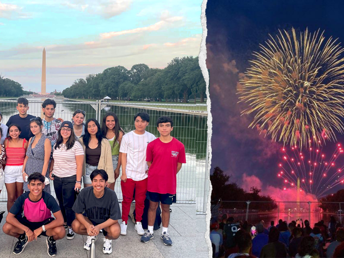 Caminos scholars in front of Lincoln Memorial and fireworks