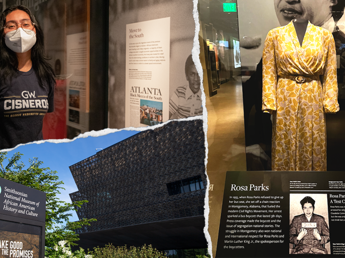 Top left: Michelle in front of a exhibit; Bottom left: Outside of museum; Right: dress made by Rosa Parks