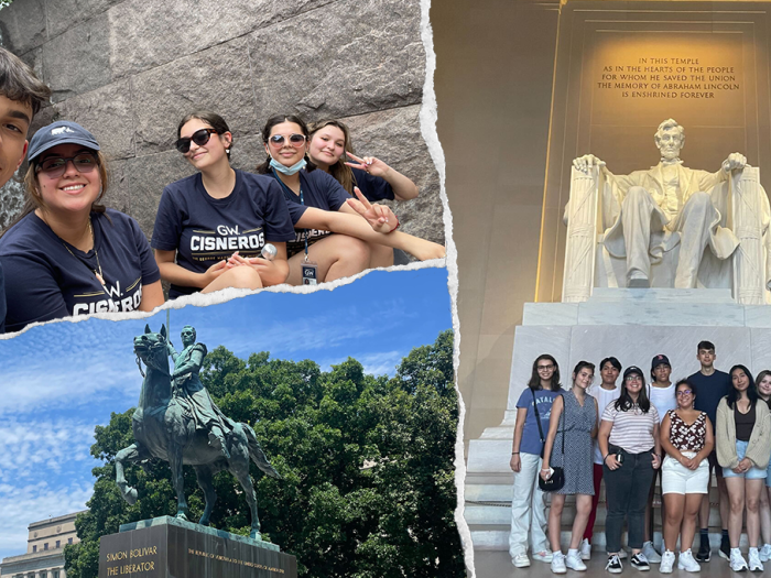 Top left: group taking a selfie; Bottom left: statue of Simon Bolivar; Right: Group photo in front of Lincoln Memorial