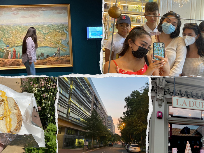 Collage of five images: person standing in front of painting; selfie of a group; bagel; building with sunset in the background; name of building