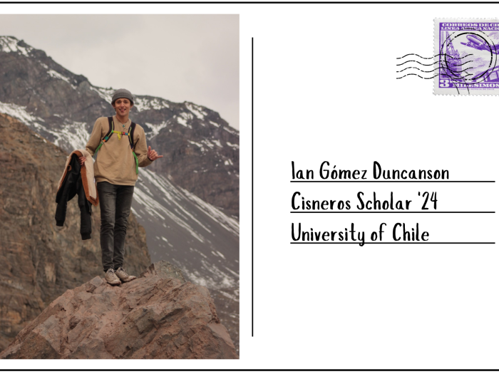 Postcard of Ian near a mountain and post stamp to the right "Ian Gomez Duncanson" "Cisneros Class '24" "University of Chile"