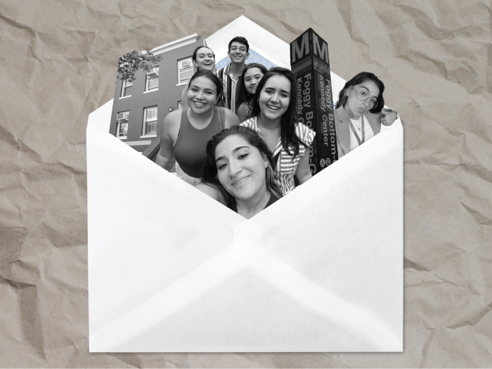 Envelope with students and buildings coming out