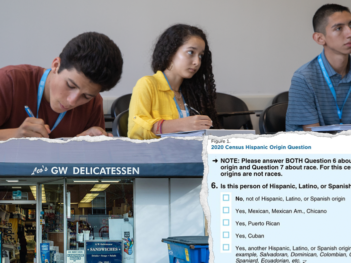 Top: three students writing notes; left, bottom: front of store entrance; right, bottom: 2020 Census question on Latinos/Hispanics
