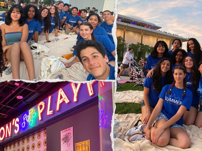 Left, upper: students taking a self; left, down: neon sign "Play"; right: group of students with building in background