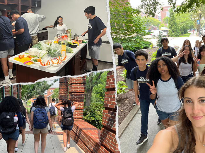 Top, left: students cooking; bottom, left: students walking; right: selfie of students walking