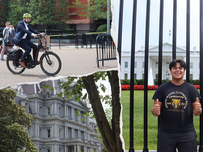 Left, upper: man on a bike; left, down: building; right: student in front of White House