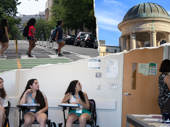 Left, upper: three students walking; right, upper: GW building; bottom: students looking at professor
