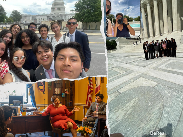 Top, left: group of students taking selfie; bottom, left: Congresswoman Linda Sanchez speaking with students; right: students in front of the Supreme Court