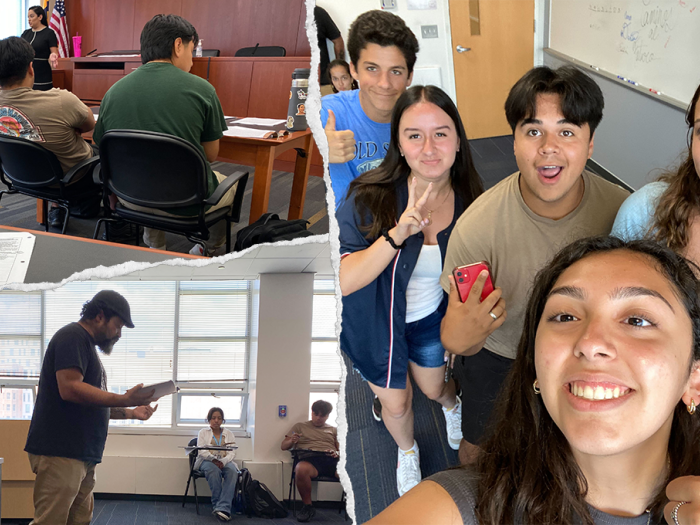 Left, upper: students in class; left, down: person reading to students; right: selfie of students giving thumbs up