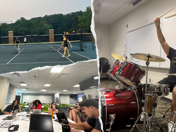 Top, left: students playing tennis; bottom, left: students at the library; right: student playing the drums